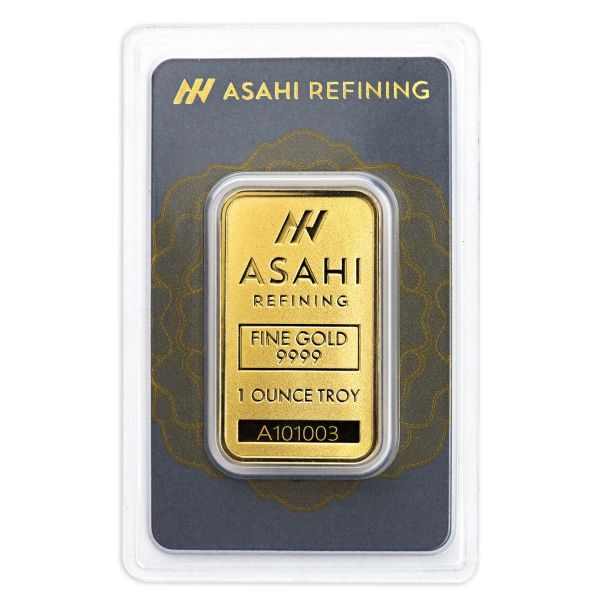 Asahi Refining gold bar in sealed assay card, inscribed with ‘Fine Gold 9999,’ ‘1 Ounce Troy'