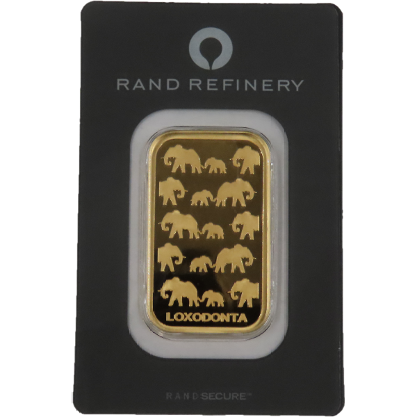 Gold bar from Rand Refinery featuring an engraved elephant family pattern and labeled "LOXODONTA". Packaged in black display card.