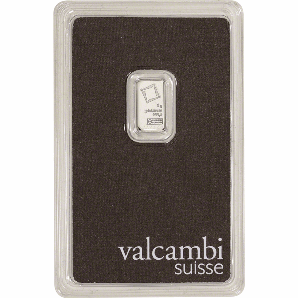 1g Valcambi Suisse platinum bar with 999.5 purity, sealed in black assay card packaging for authenticity and protection.