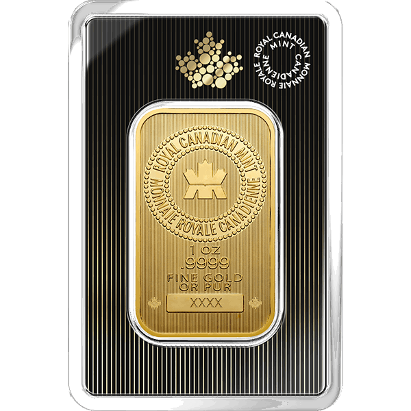 1 oz Royal Canadian Mint gold bar, 99.99% pure, in protective packaging with space for unique serial number