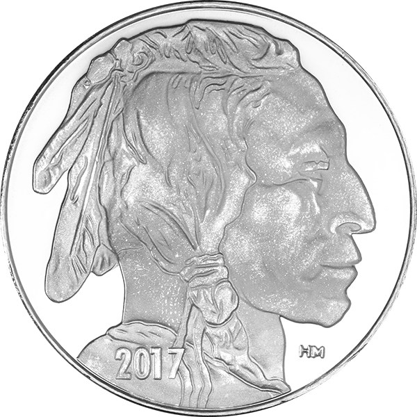 1 oz .999 fine silver Buffalo round by Highland Mint featuring a 2017 Native American profile design with detailed headdress and HM mint mark.