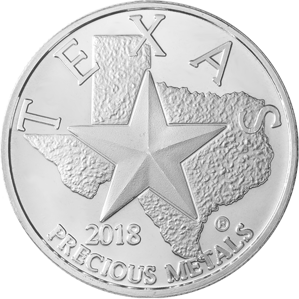 1 oz Texas Silver Round – 2018 design featuring Lone Star over Texas state outline, .999 fine silver bullion