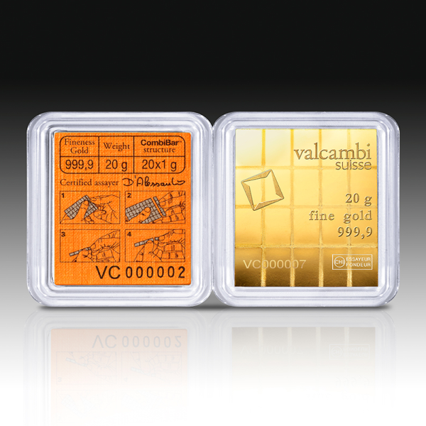 Valcambi Suisse 20g CombiBar gold bullion, 999.9 fine gold, divisible into 20x1g segments, in secure assay packaging.