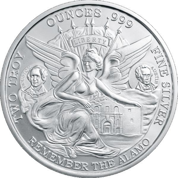 Two troy ounce .999 fine silver coin with Liberty figure, Alamo mission, and portraits of Houston and Austin, 'Remember the Alamo' text.