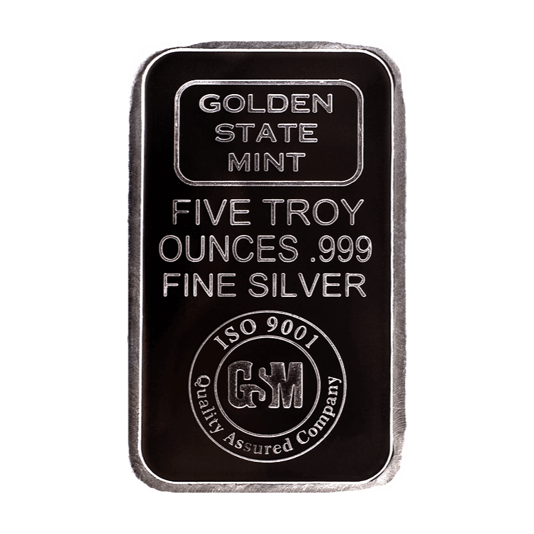 Golden State Mint five troy ounce .999 fine silver bar with ISO 9001 quality assurance seal, premium bullion for investors and collectors