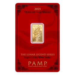 PAMP Lunar Legend Series gold bar featuring Year of the Snake design, sealed in red assay card with legend of the white snake theme.