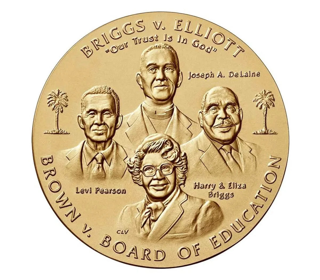 Brown v. Board of Education bronze medal honoring Joseph A. DeLaine, Levi Pearson, and Harry & Eliza Briggs for their fight against segregation.