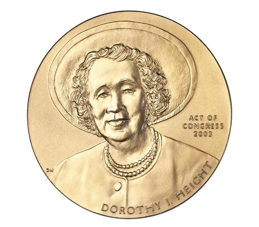 Bronze medal featuring Dorothy I. Height wearing a hat and pearls, with inscription 'Dorothy I. Height Act of Congress