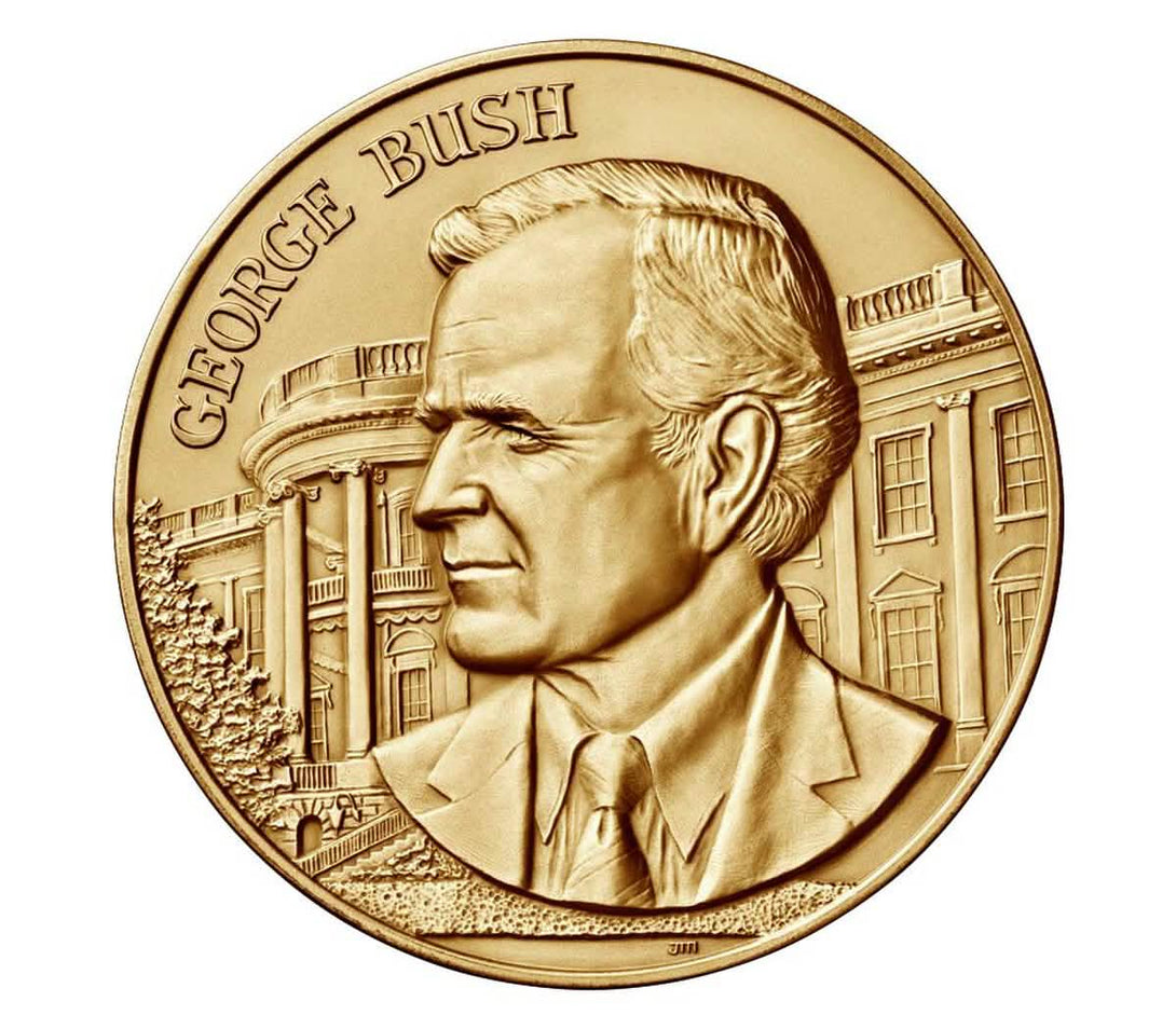 George Bush bronze commemorative medal featuring detailed portrait and White House background, collectible presidential coin