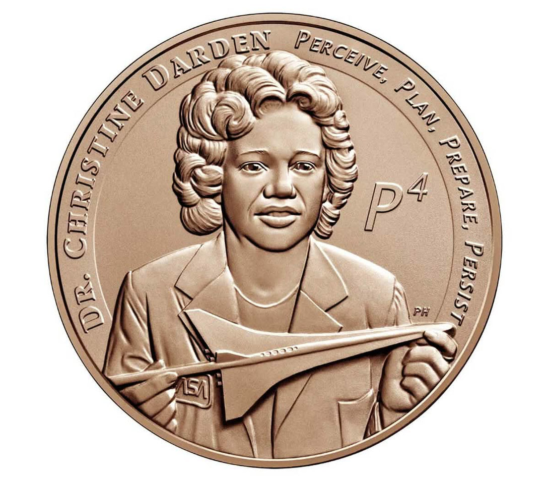 Bronze medal honoring Dr. Christine Darden, NASA aerospace engineer, featuring her holding a supersonic model with 'P⁴' and inspirational words engraved.