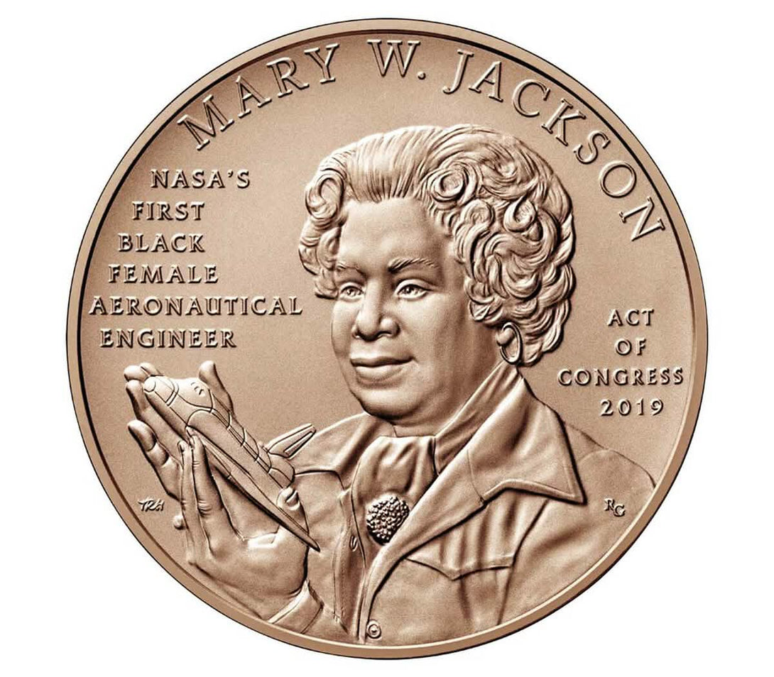 Bronze medal honoring Mary W. Jackson, NASA’s first Black female aeronautical engineer, holding a space shuttle, inscribed with Act of Congress
