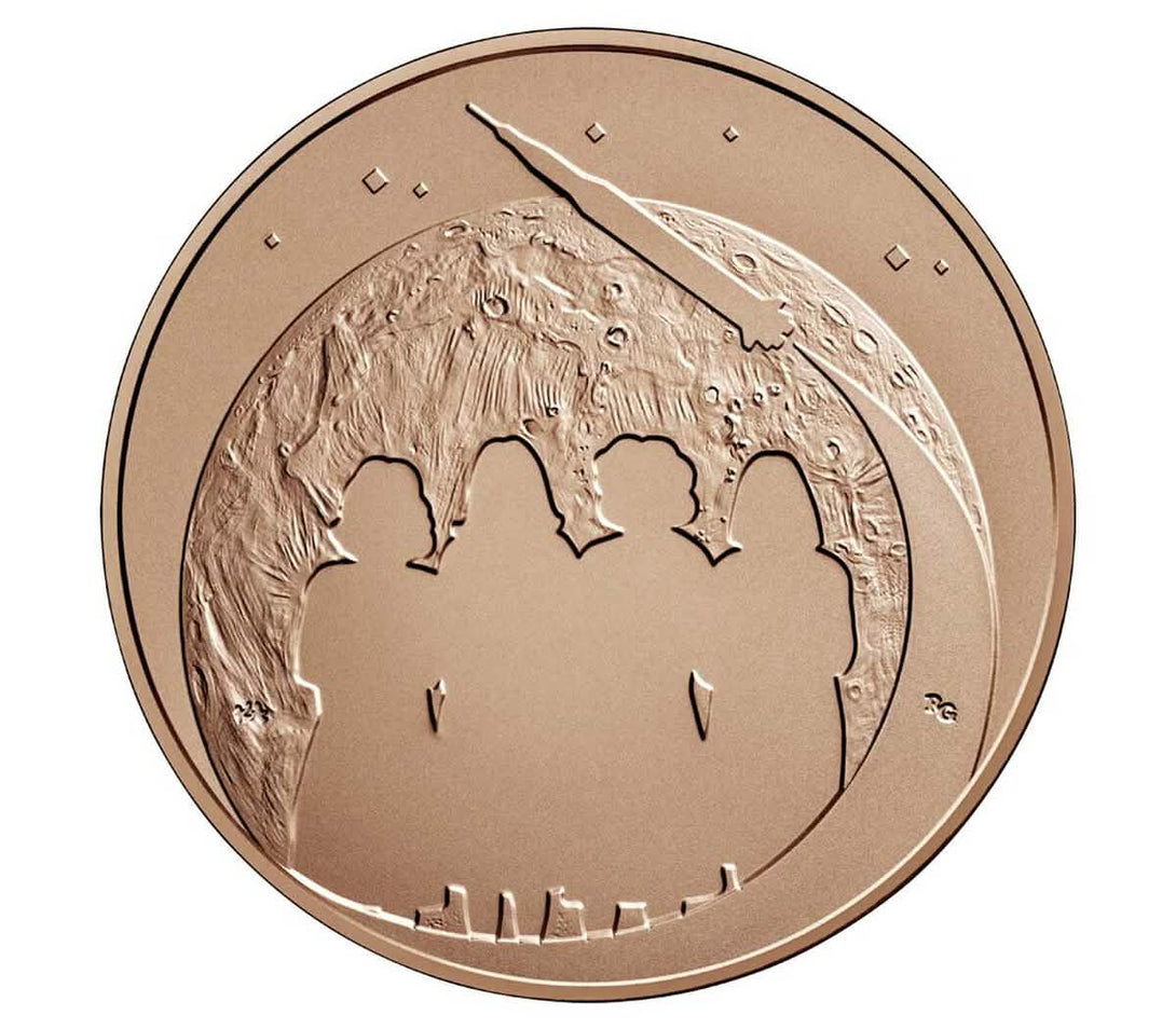 Bronze medal honoring space exploration, featuring silhouettes of astronauts against lunar surface with rocket launch and stars in the background