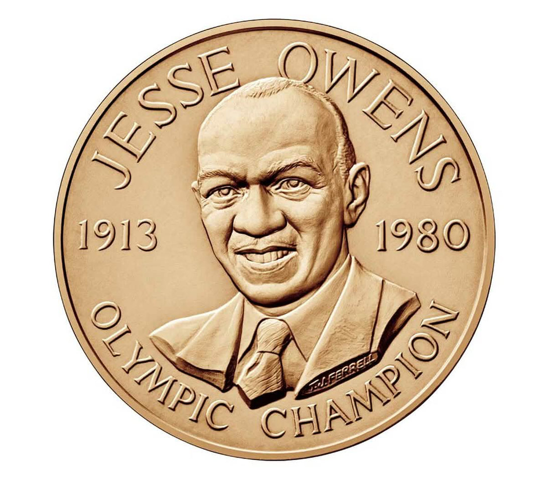 Bronze medal featuring Jesse Owens, Olympic champion and track legend, with portrait, birth and death years, and engraved name, honoring his legacy.