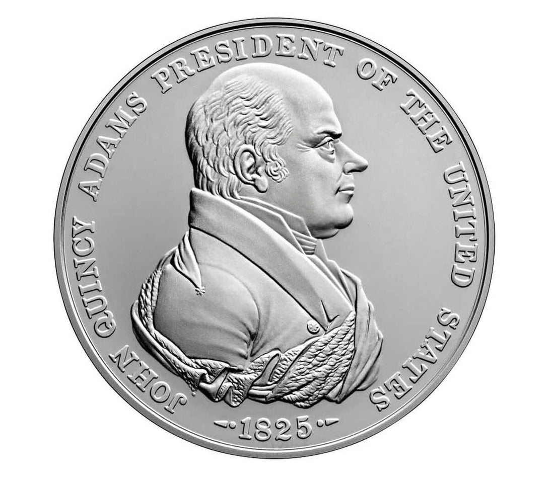 John Quincy Adams Presidential Silver Medal with detailed portrait engraving, collectible coin honoring the 6th U.S. President and American history