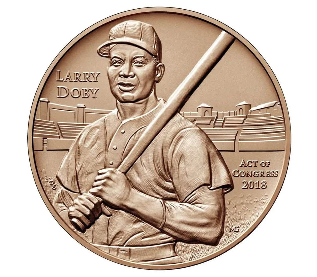 Bronze medal featuring baseball legend Larry Doby holding a bat with stadium background, commemorating Act of Congress