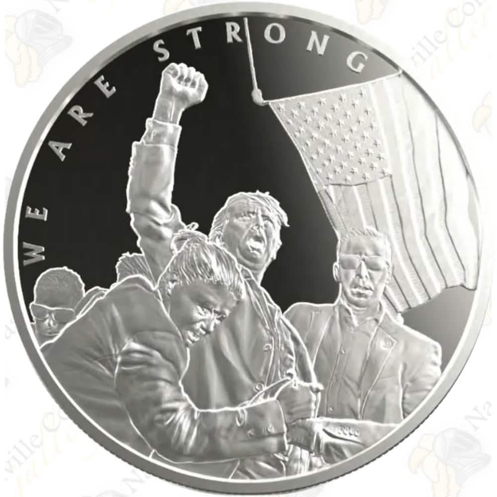 1 oz silver round featuring the President and supporters with raised fists, American flag, and 'WE ARE STRONG' engraved above, symbolizing unity.
