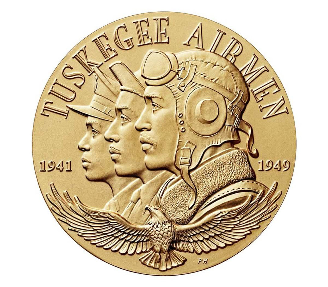 Tuskegee Airmen bronze medal featuring profiles of three airmen and an eagle with dates 1941-1949 honoring their service.