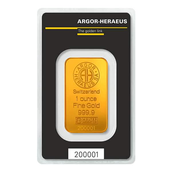 1 oz Argor-Heraeus gold bar from Switzerland with 999.9 purity, sealed in a black assay card labeled 'The golden link' and featuring a unique serial number.