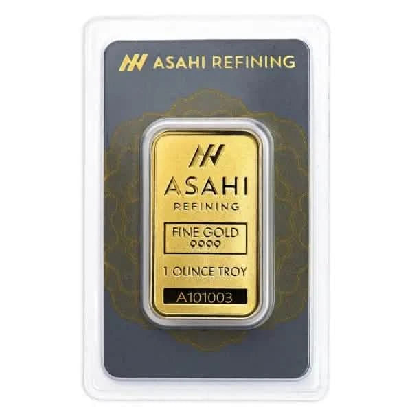 asahi refining gold bar in sealed assay card marked fine gold 9999 with weight 1 ounce troy and serial number a101003