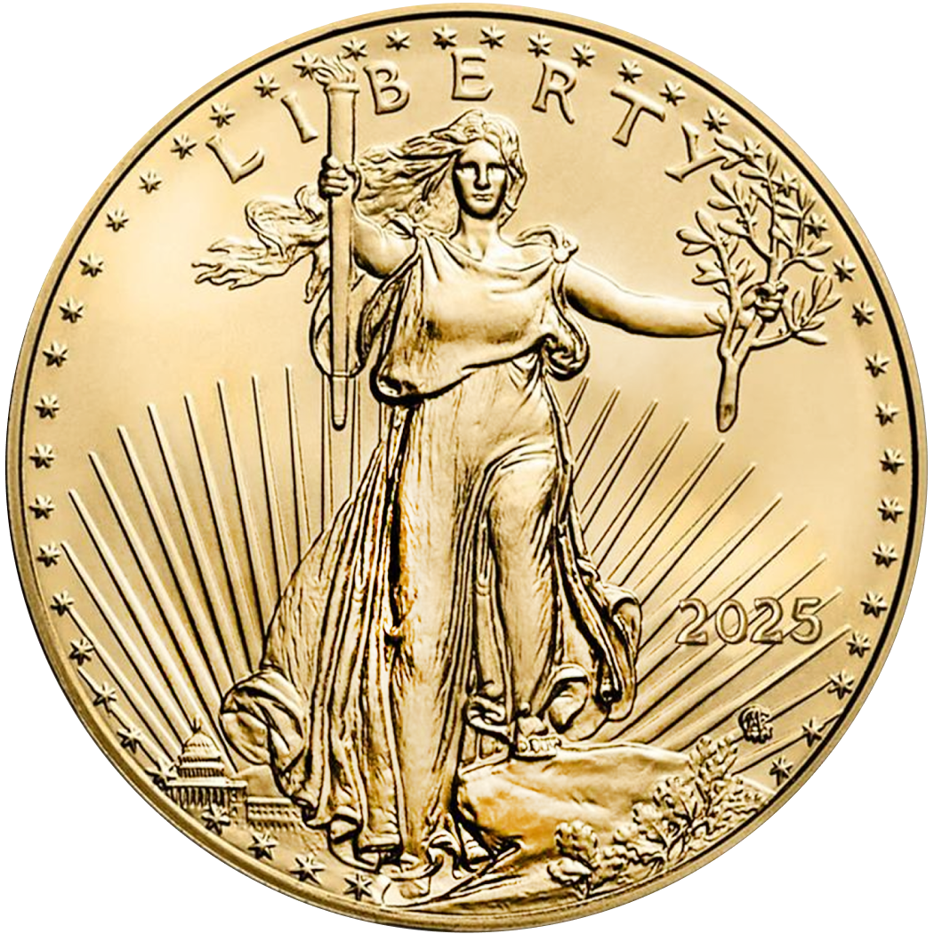 American Gold Eagle coin featuring Lady Liberty holding a torch and olive branch, with Capitol building and sun rays in the background.