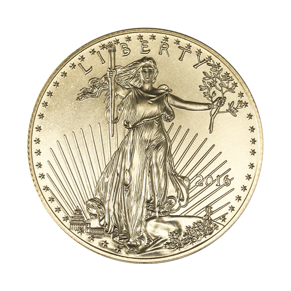 American Gold Eagle coin showing Lady Liberty with torch and olive branch, sun rays behind, and the U.S. Capitol featured at the lower left