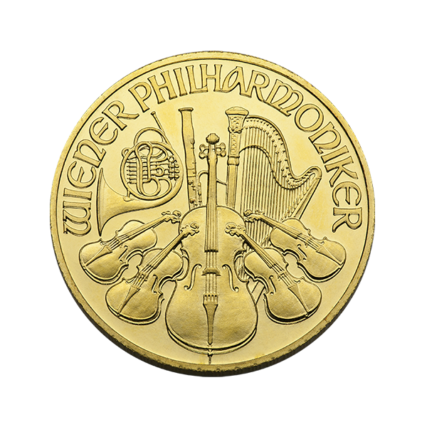 ½ oz Austrian Gold Philharmonic bullion coin featuring Vienna pipe organ on obverse and orchestral instruments on reverse.