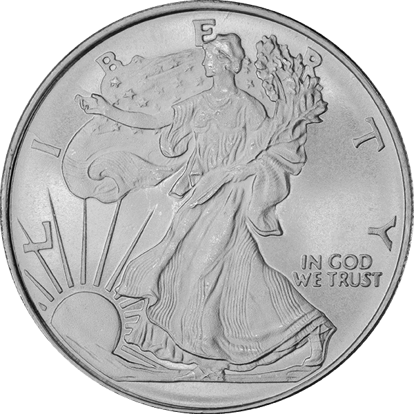 Silver round with Walking Liberty design, Lady Liberty striding toward sunrise with laurel and oak branches.