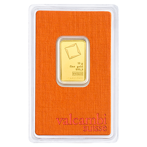 10 gram Valcambi Suisse gold bar in sealed orange assay card, .9999 fine gold with stamped logo and serial number, perfect for secure gold investment.