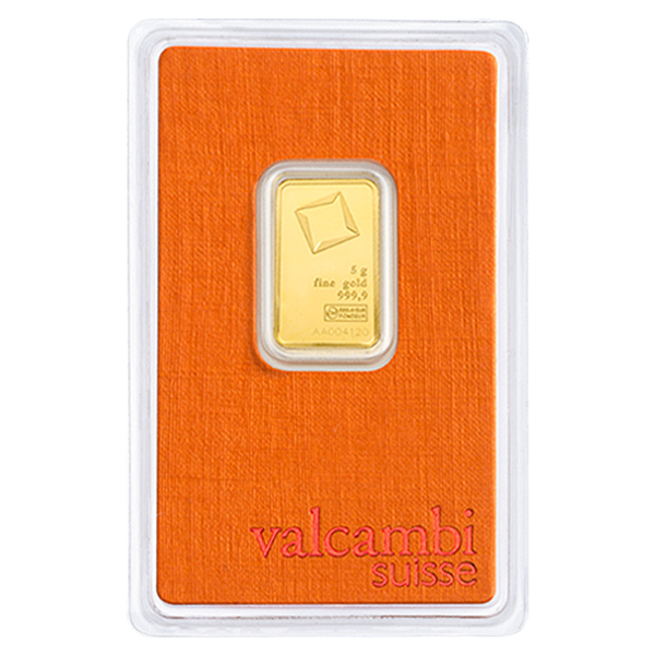 5 gram Valcambi Suisse gold bar in orange assay card, .9999 fine gold, securely sealed in tamper-evident packaging for trusted bullion investment