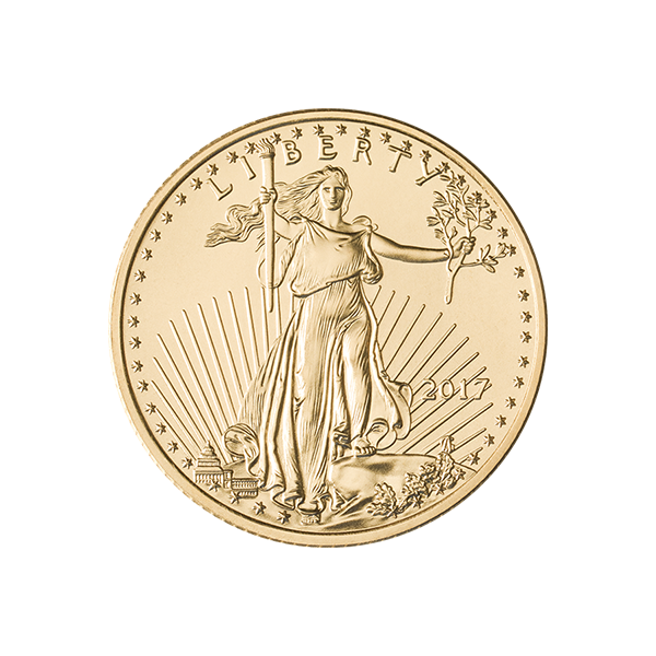 2017 american gold eagle coin featuring lady liberty holding torch and olive branch with rays and capitol building in the background