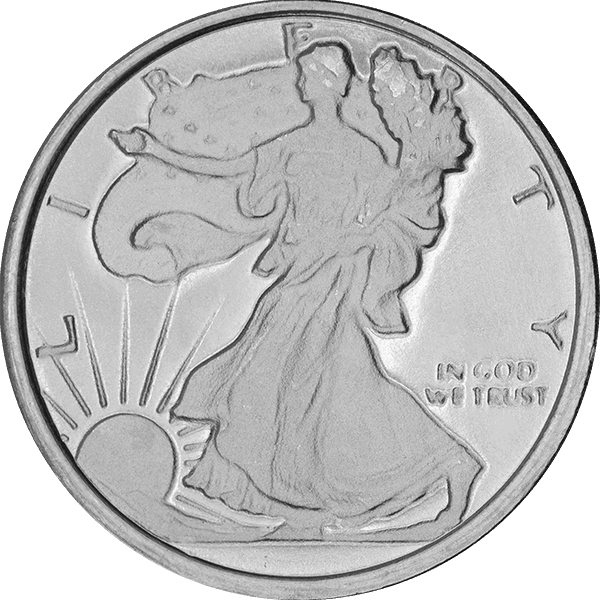 Walking Liberty design on a silver quarter, showing Lady Liberty with flowing gown, rising sun, and 'In God We Trust' inscription