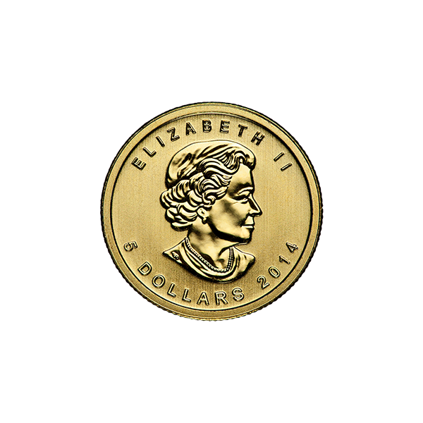 Canadian Gold Maple Leaf 1/10 oz coin, featuring Queen Elizabeth II portrait with $5 face value, popular collectible bullion from Royal Canadian Mint.