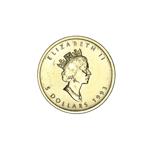 Canadian Gold Maple Leaf 1/10 oz coin obverse, featuring Queen Elizabeth II portrait with $5 face value, minted by the Royal Canadian Mint.