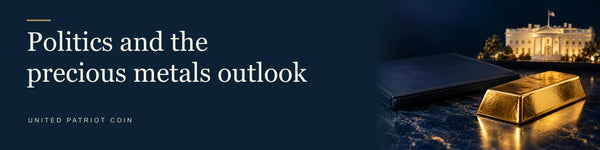 Politics and the precious metals outlook — Gold ingot with White House miniature and folio.