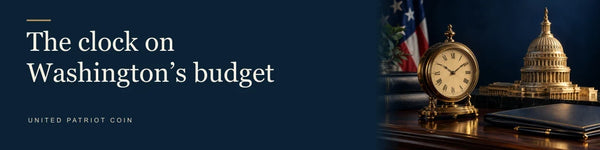 The clock on Washington’s budget — Brass desk clock beside Capitol miniature and folder.