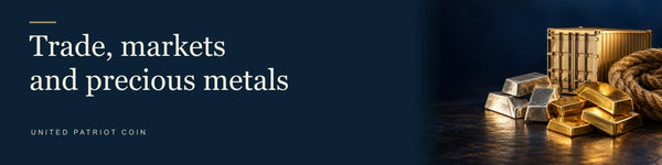 Trade, markets and precious metals — Gold and silver beside a small cargo container.