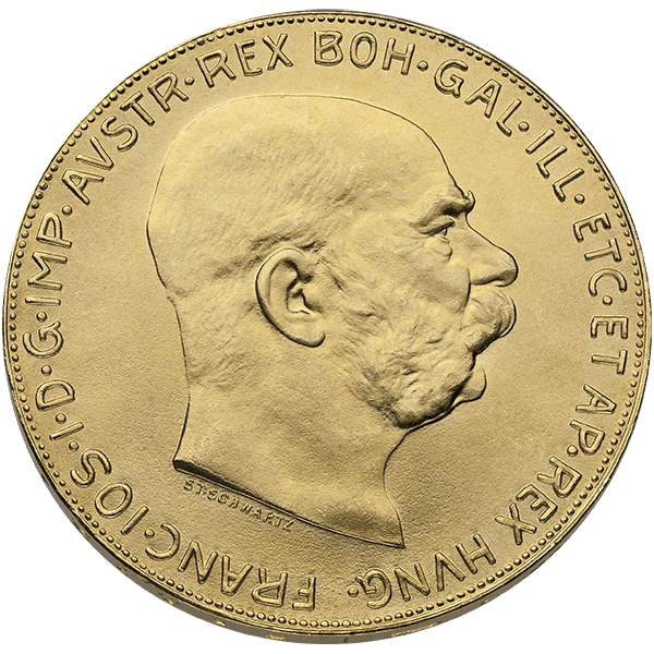 Gold coin featuring a right-facing profile of Franz Joseph I.