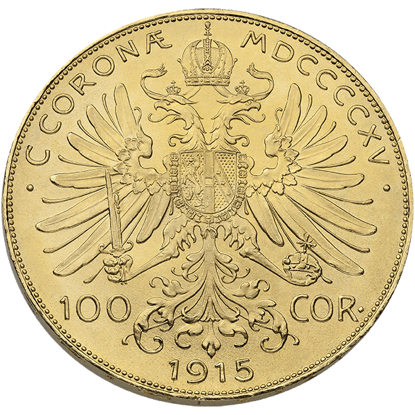 Gold coin showing Austria-Hungary's double-headed eagle, crowned shield, and 100 CORONA 1915 with Latin inscription.