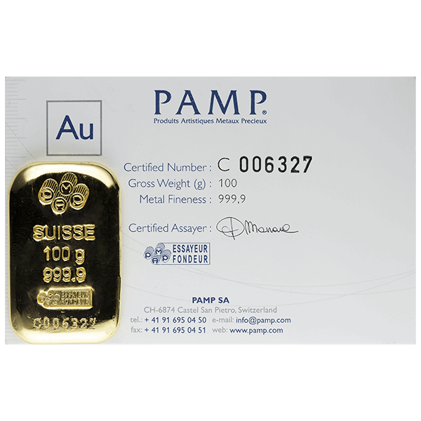 100 GRAM GOLD PAMP BAR CAST - Obverse