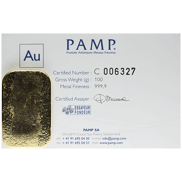 100 GRAM GOLD PAMP BAR CAST - Reverse