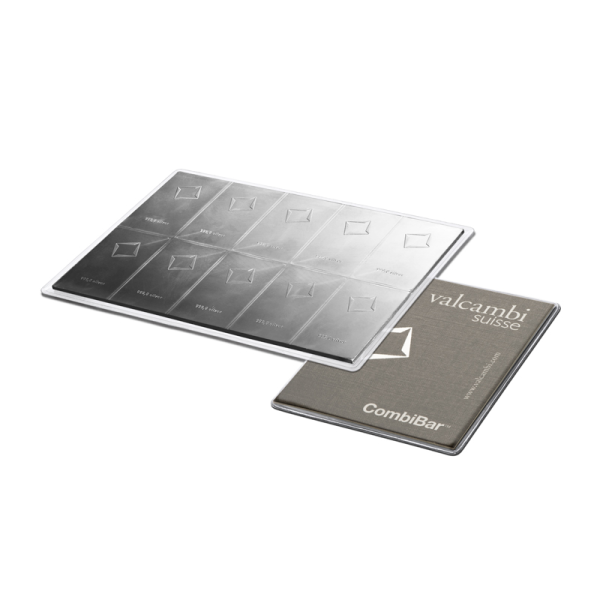 Valcambi Suisse silver CombiBar with 10 detachable 10g bars, shown with protective packaging and logo card.