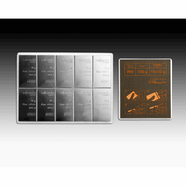 Valcambi Suisse silver CombiBar set with 10 detachable 10g bars and info card showing 999 purity and usage instructions.