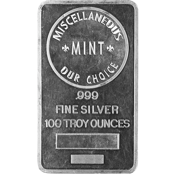 100 oz .999 fine silver bar labeled "Miscellaneous Mint – Our Choice" with bold engraved text and rectangular hallmark space.