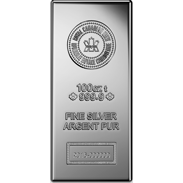 100 oz Royal Canadian Mint Silver Bar – .9999 Fine Silver Bullion with RCM Logo and Unique Serial Number
