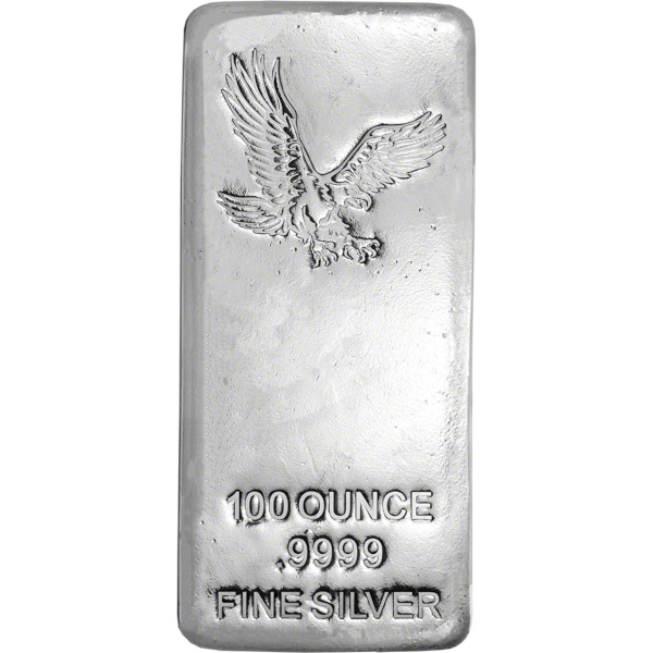 100 oz Eagle Design Silver Bar – .9999 Fine Silver Bullion with Soaring Eagle Engraving and Cast Finish