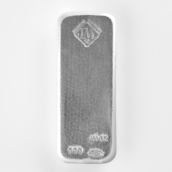 100 oz Johnson Matthey Silver Bar – .999 Fine Silver Bullion with JM Logo and Stamped Serial Details