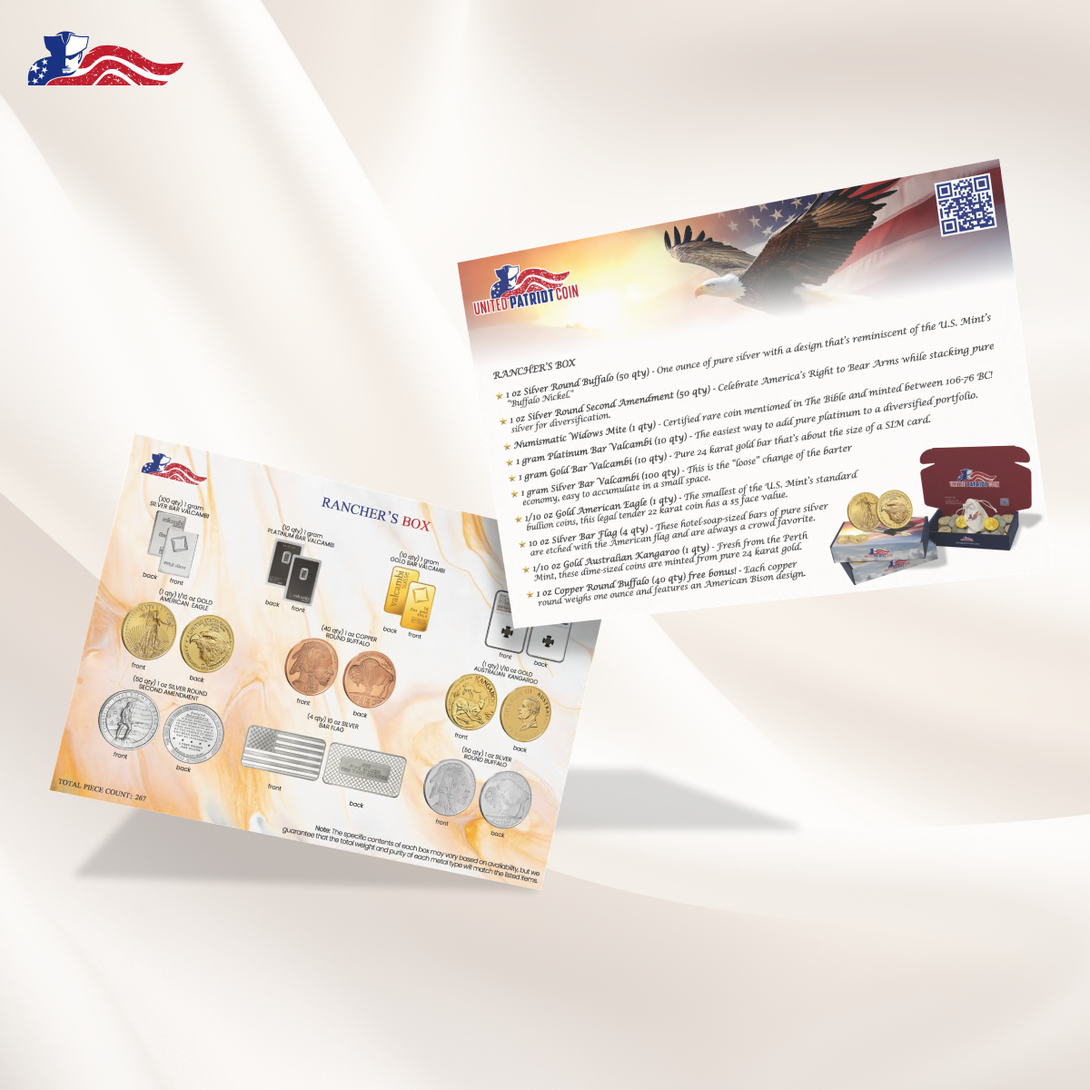Image of the Ranchers Box featuring 267 pieces, including Gold Eagle and Kangaroo coins, and over 200 units of silver, displayed in a premium collector’s case.