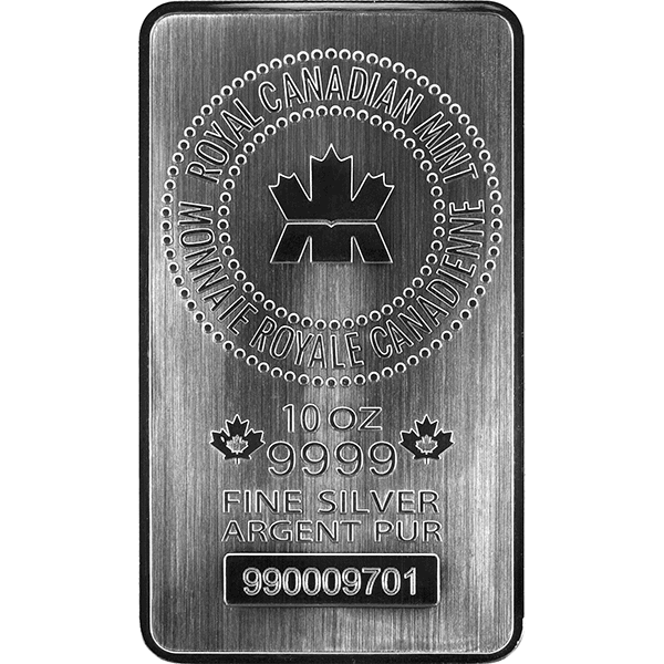 10 oz Royal Canadian Mint silver bar featuring maple leaf emblem, weight and purity markings (10 oz 9999 fine silver), bilingual inscriptions, and unique serial number.