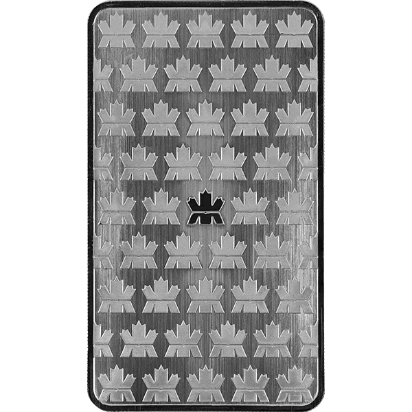 10 oz Royal Canadian Mint silver bar featuring a repeating pattern of maple leaf emblems with a central mint logo on a brushed silver background.