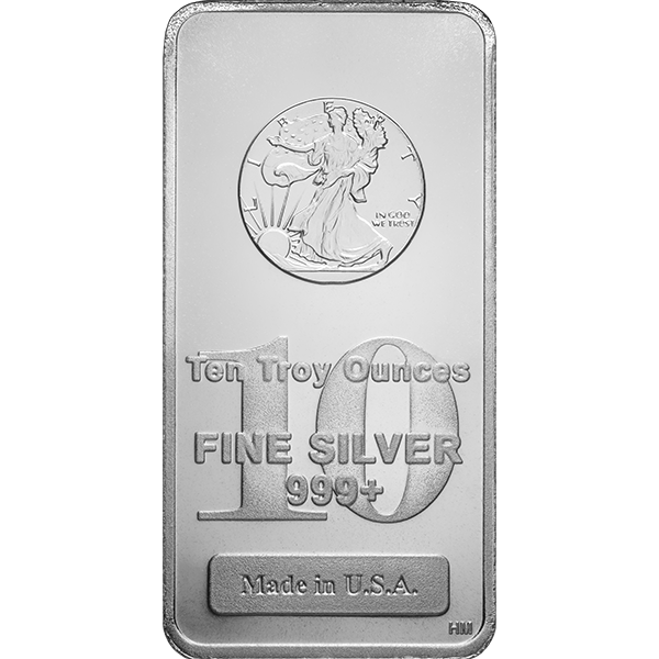 10 oz silver bar featuring Walking Liberty design at top, inscribed with 'Ten Troy Ounces', 'FINE SILVER 999+', and 'Made in U.S.A.' at the bottom.
